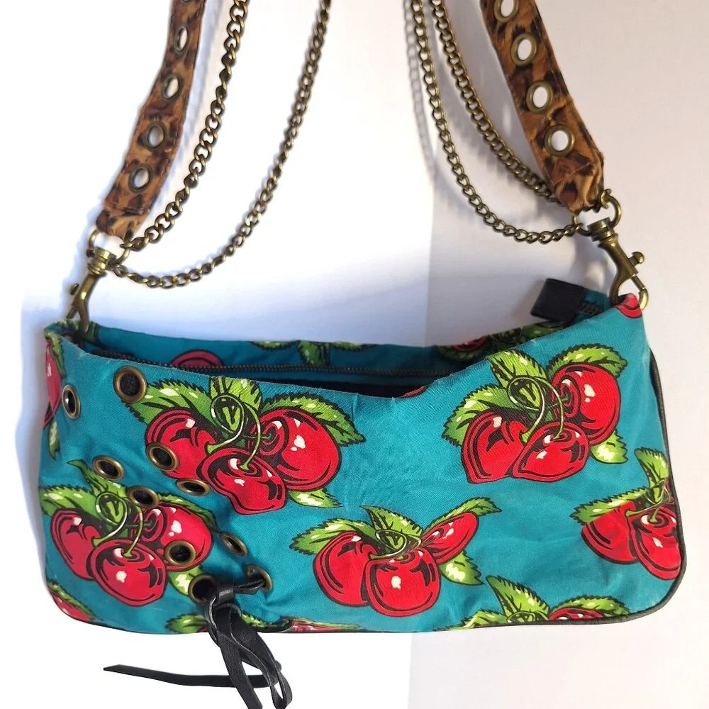 Betseyville Betsey Johnson Cherry HandBag Purse Chain & Leather Strap Turquoise - Picture 7 of 9